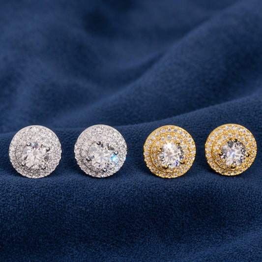 Double Halo Studs close-up in silver and gold, round moissanite centre with a pave double halo