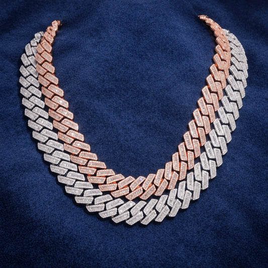 18mm baguette Cuban link chain worn on a display neck against navy suede