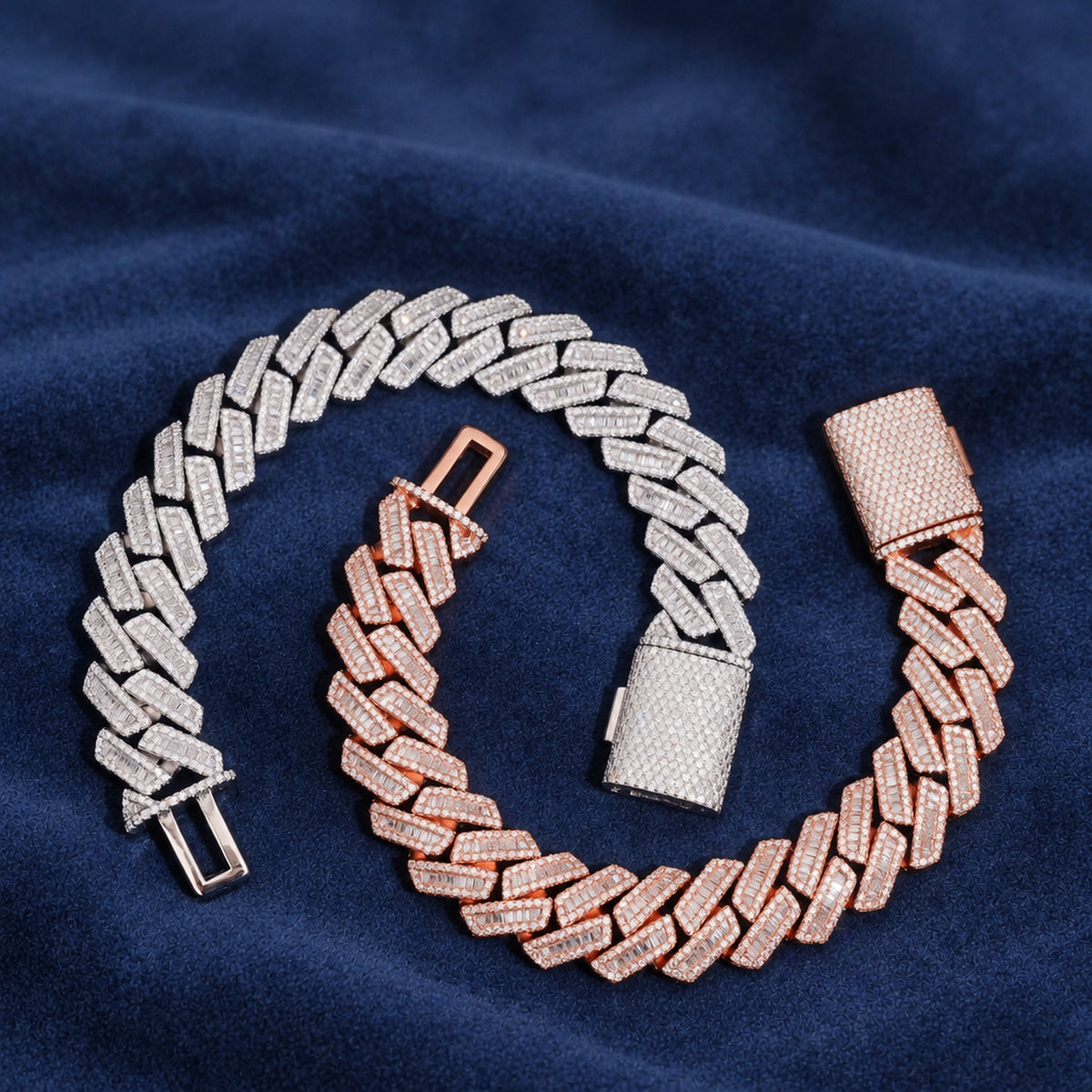 Open double box clasp with safety tab on the 18mm baguette Cuban chain