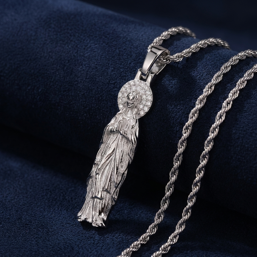 Virgin Mary Pendant Necklace three-quarter angle view on dark navy suede