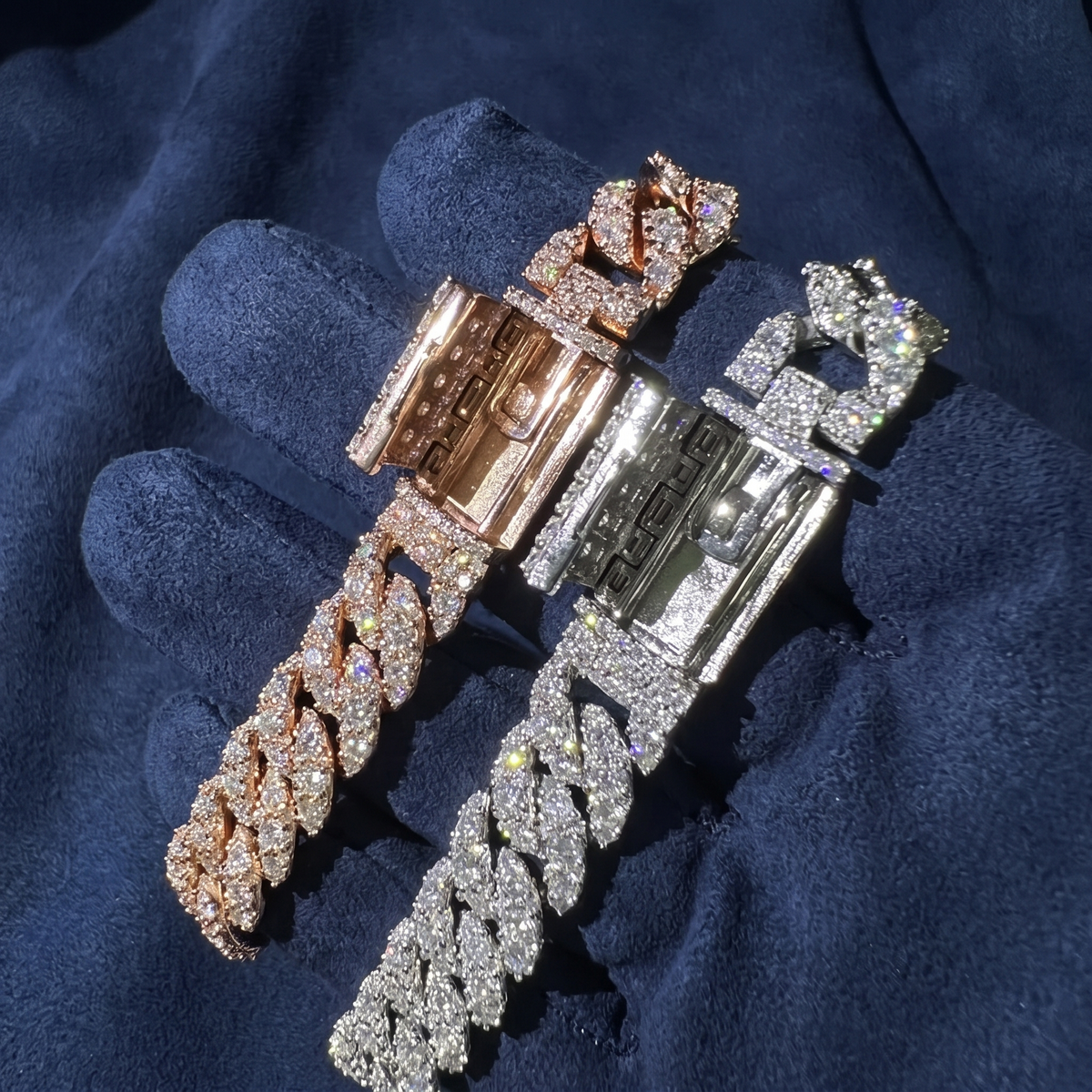 Engraved box clasp and safety latch detail on 10mm Moon Rock Cuban bracelet