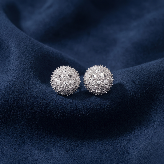 Inverted-set moissanite cluster stud earrings showing spiked crushed-ice texture