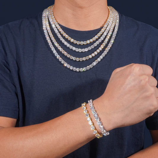 Man wearing 6.5mm moissanite tennis chains in silver and gold
