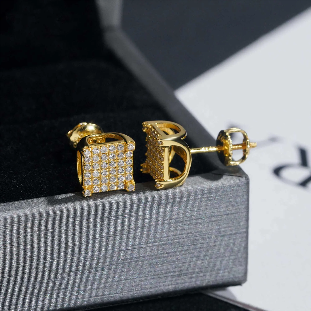 8mm Square Iced Out Gold Studs | VVS