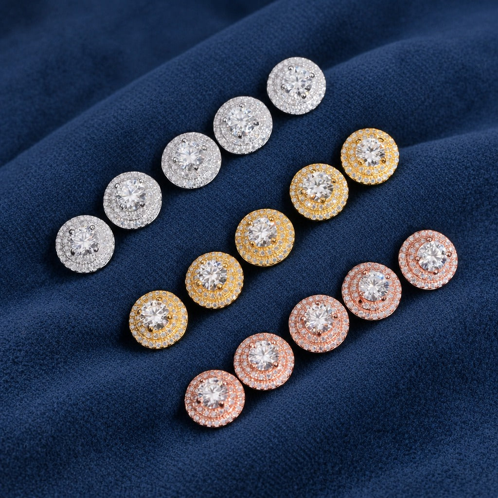 Double Halo Studs in silver, gold and rose gold, 925 sterling silver with VVS moissanite
