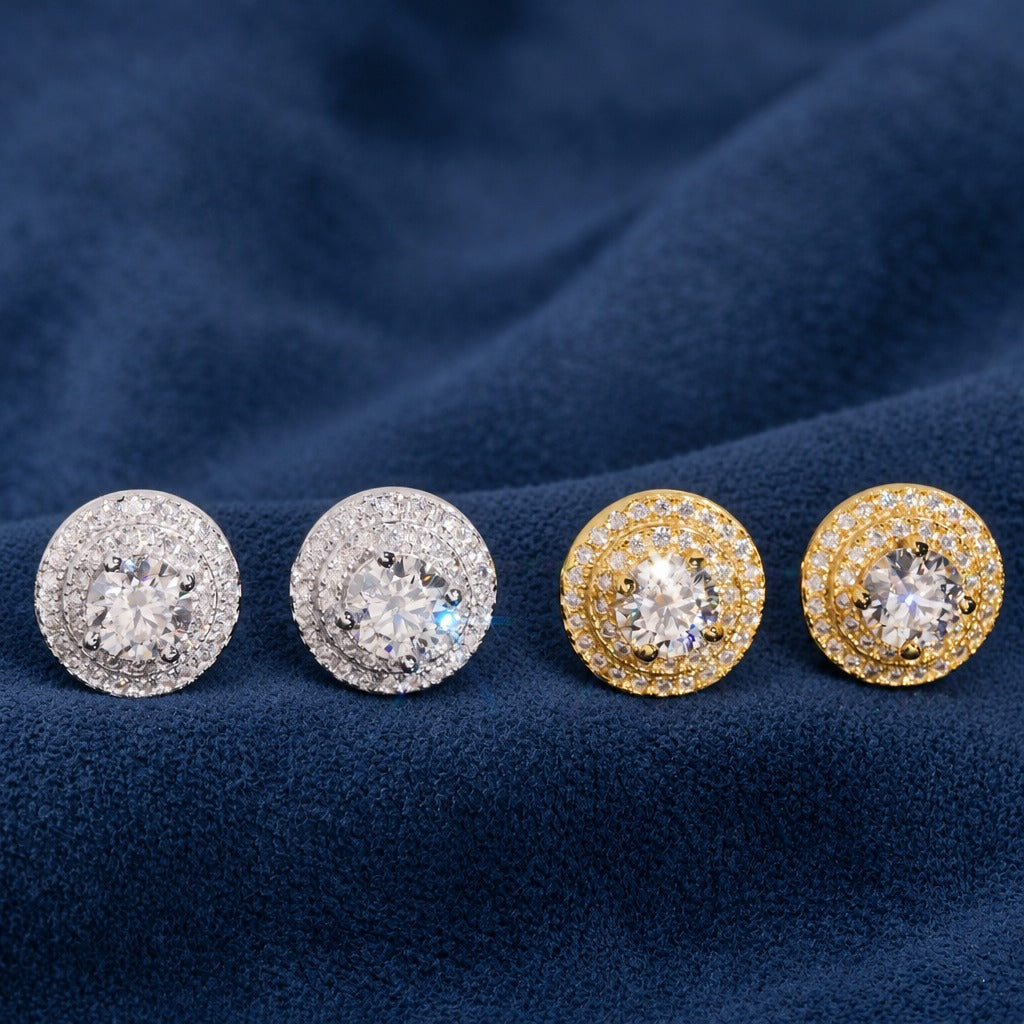 Double Halo Studs close-up in silver and gold, round moissanite centre with a pave double halo