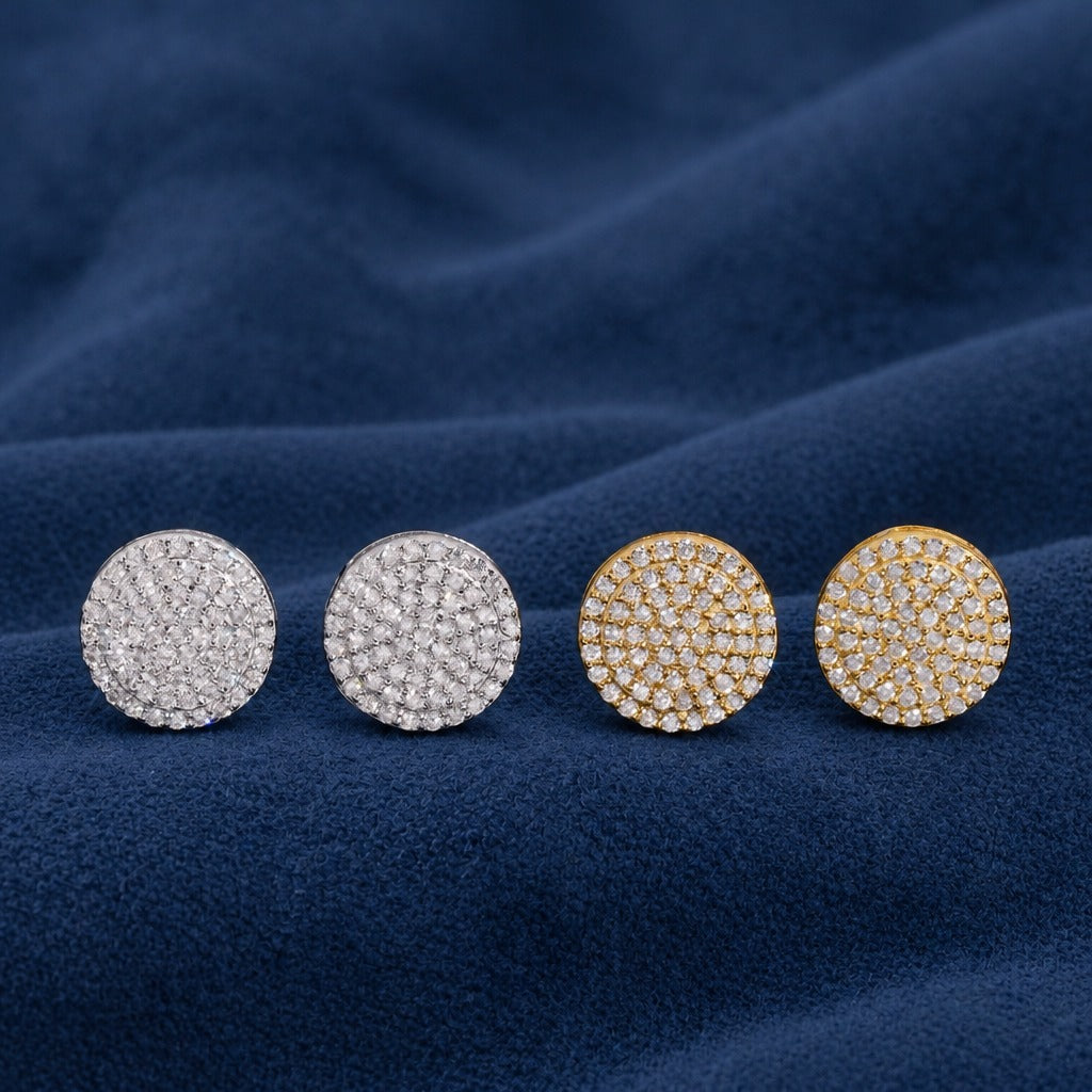 Moon Cluster Studs close-up in silver and gold, hand-set VVS moissanite pave face