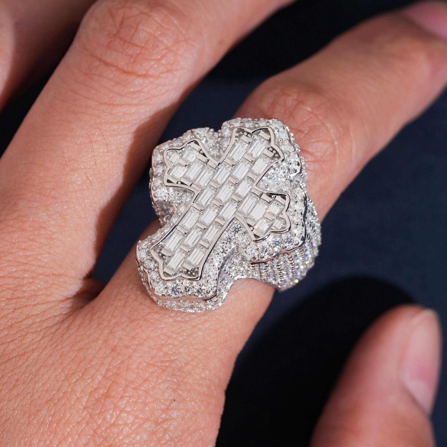 Baguette Cross Ring | 925 Silver | VVS Moissanite | Passes Diamond Tester