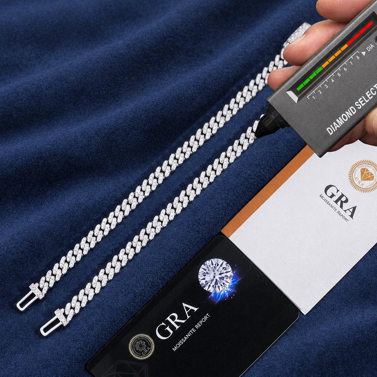 A diamond tester reading on the stones of the 6mm Cuban bracelet