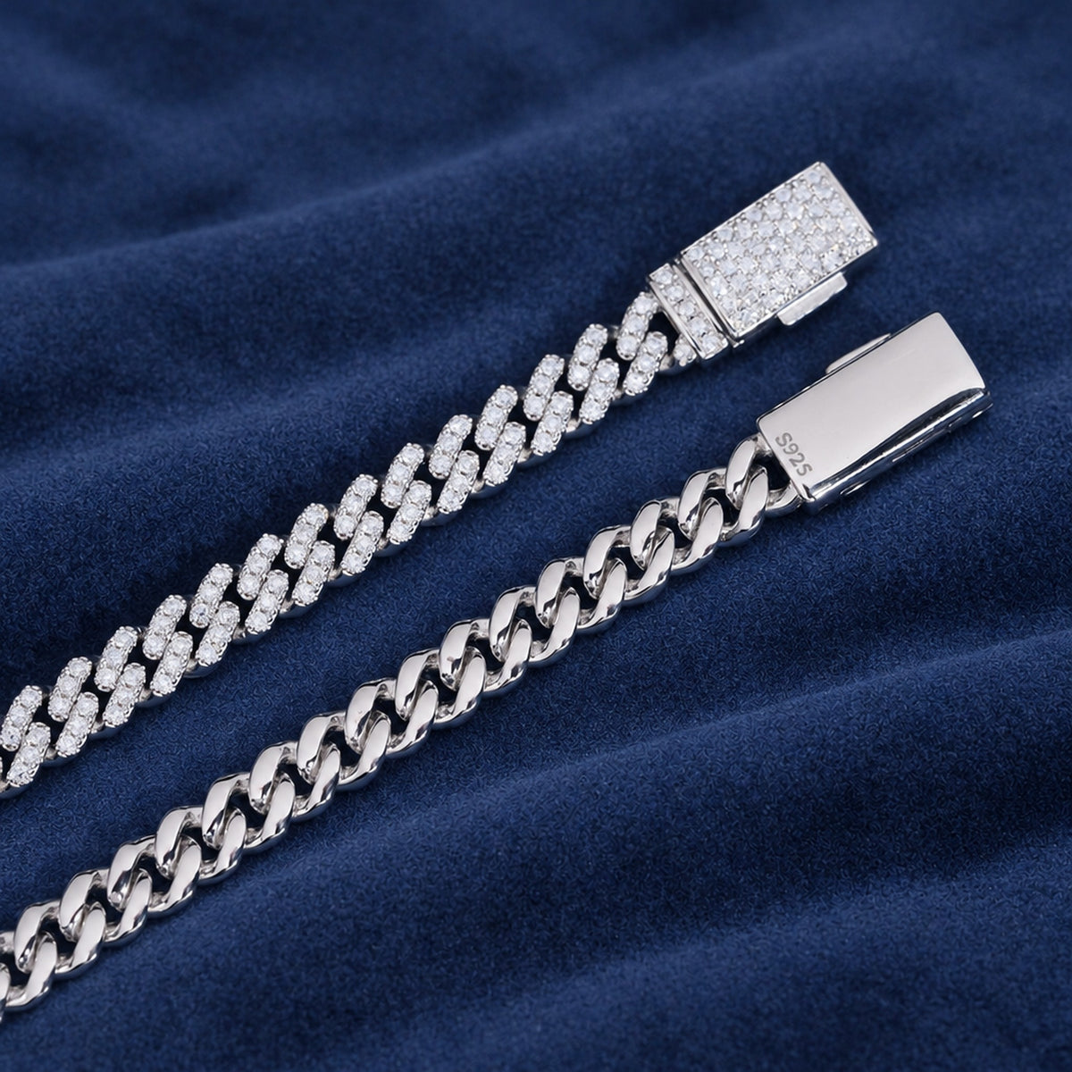 Close-up of the iced box clasp and safety tab on the 6mm Cuban bracelet