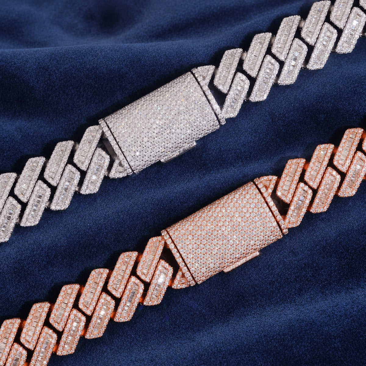 Close-up of the baguette-set links and box clasp in rose gold and silver