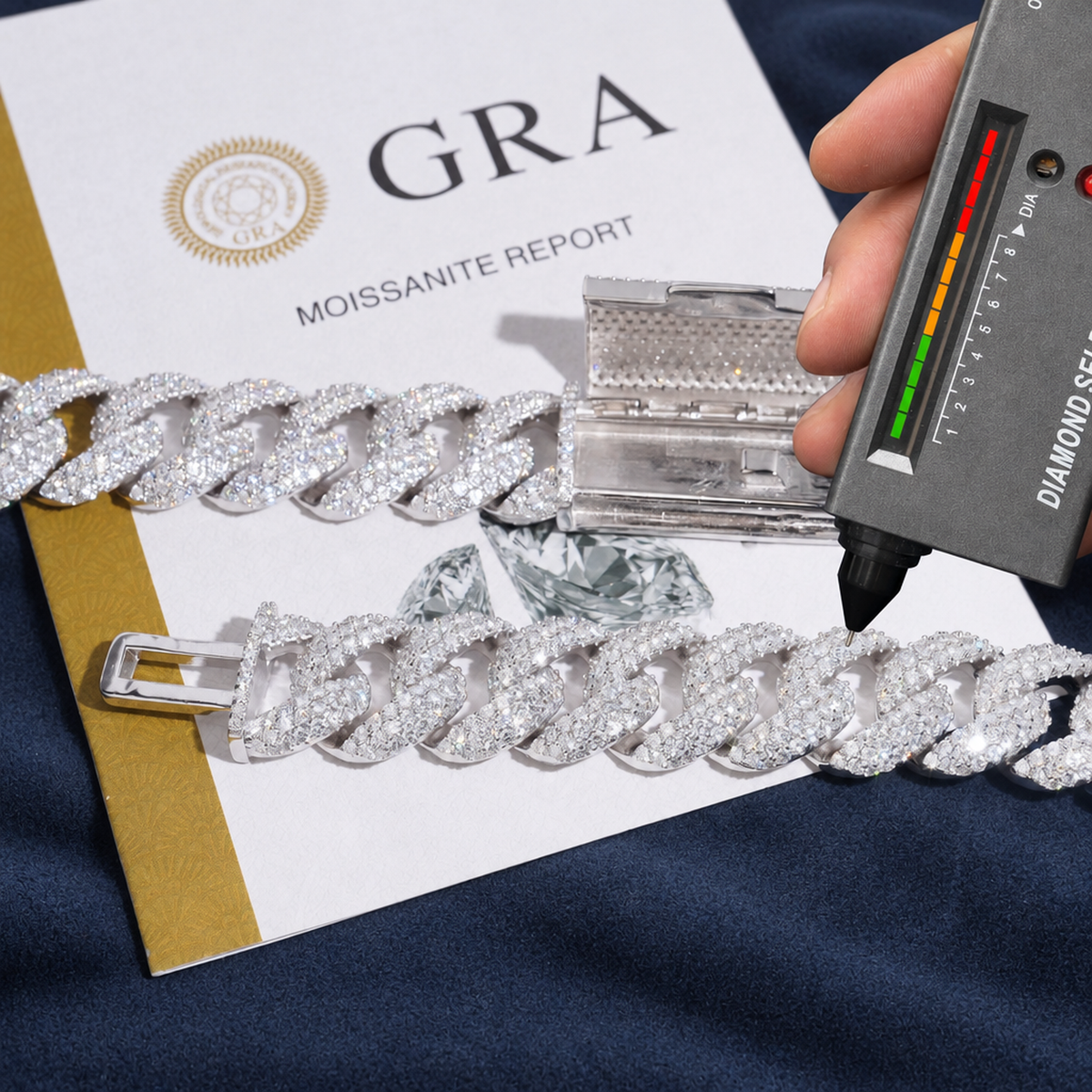 18mm Miami Cuban Chain with its GRA report and a diamond tester reading on the stones