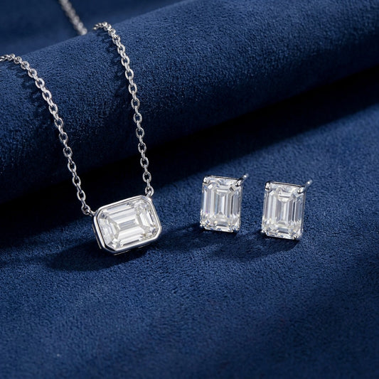 Emerald Cut Set, moissanite pendant and matching stud earrings in 925 sterling silver on navy suede