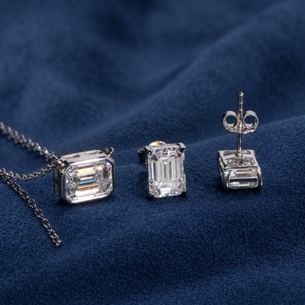 Emerald Cut stud earrings showing the posts and butterfly backs, 925 sterling silver