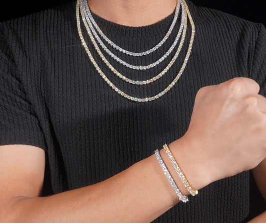 Tennis chains worn on neck showing multiple width and color options