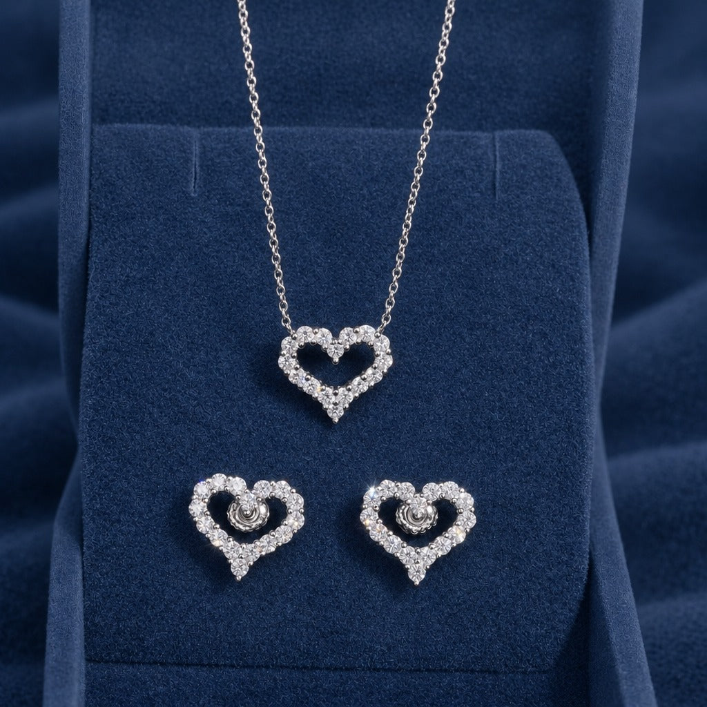 Iced Heart pendant on an 18 inch 925 silver chain shown on a display bust with the matching studs