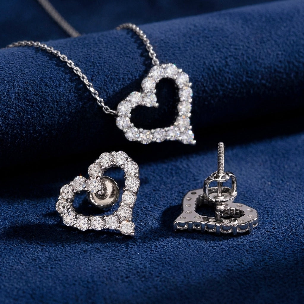 Iced Heart Set detail showing the screwback post and the open heart pendant on navy suede