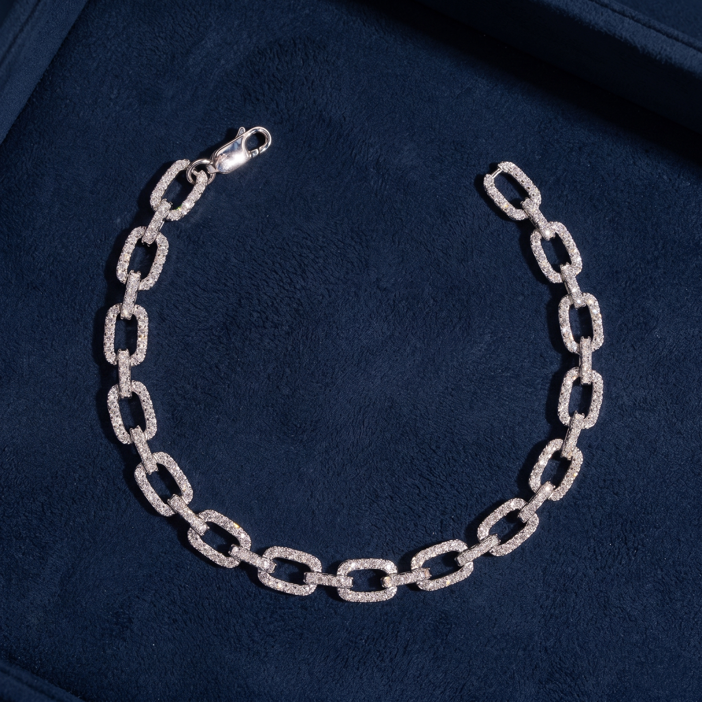 Infinity Link Bracelet in 925 silver VVS moissanite on dark navy suede