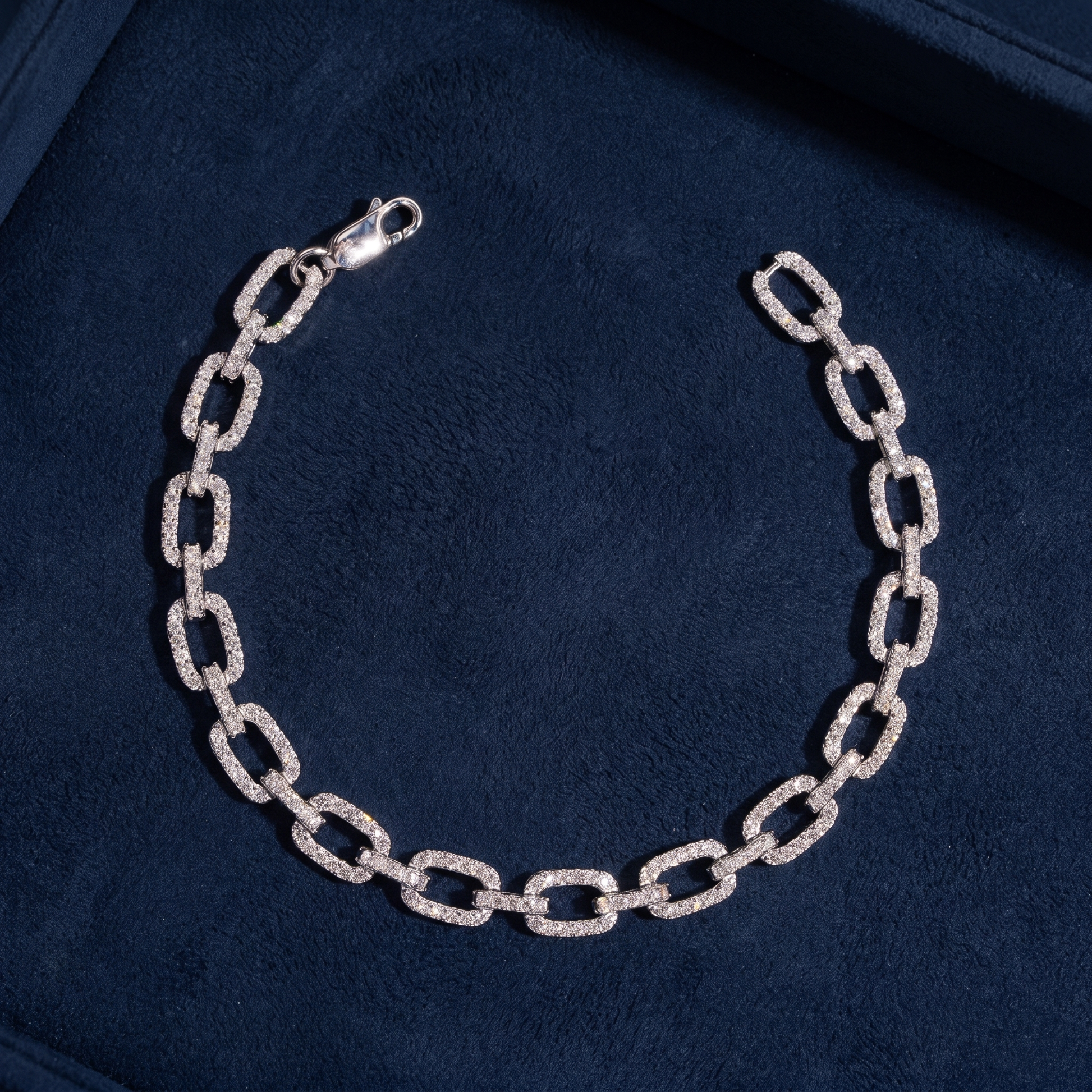 Infinity Link Bracelet in 925 silver VVS moissanite on dark navy suede