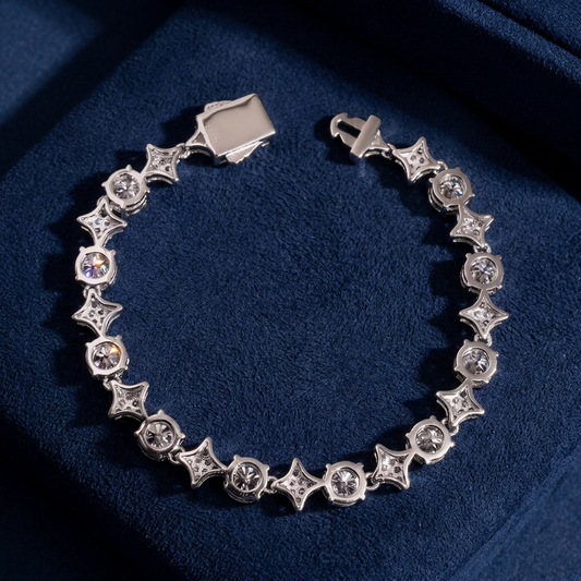 Star Link Tennis Bracelet in 925 silver VVS moissanite on dark navy suede