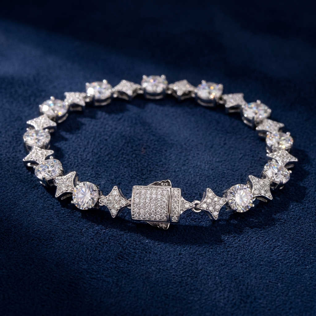 Star Link Tennis Bracelet showing pavé box clasp detail on dark navy suede