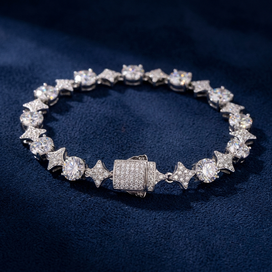 Star Link Tennis Bracelet showing pavé box clasp detail on dark navy suede
