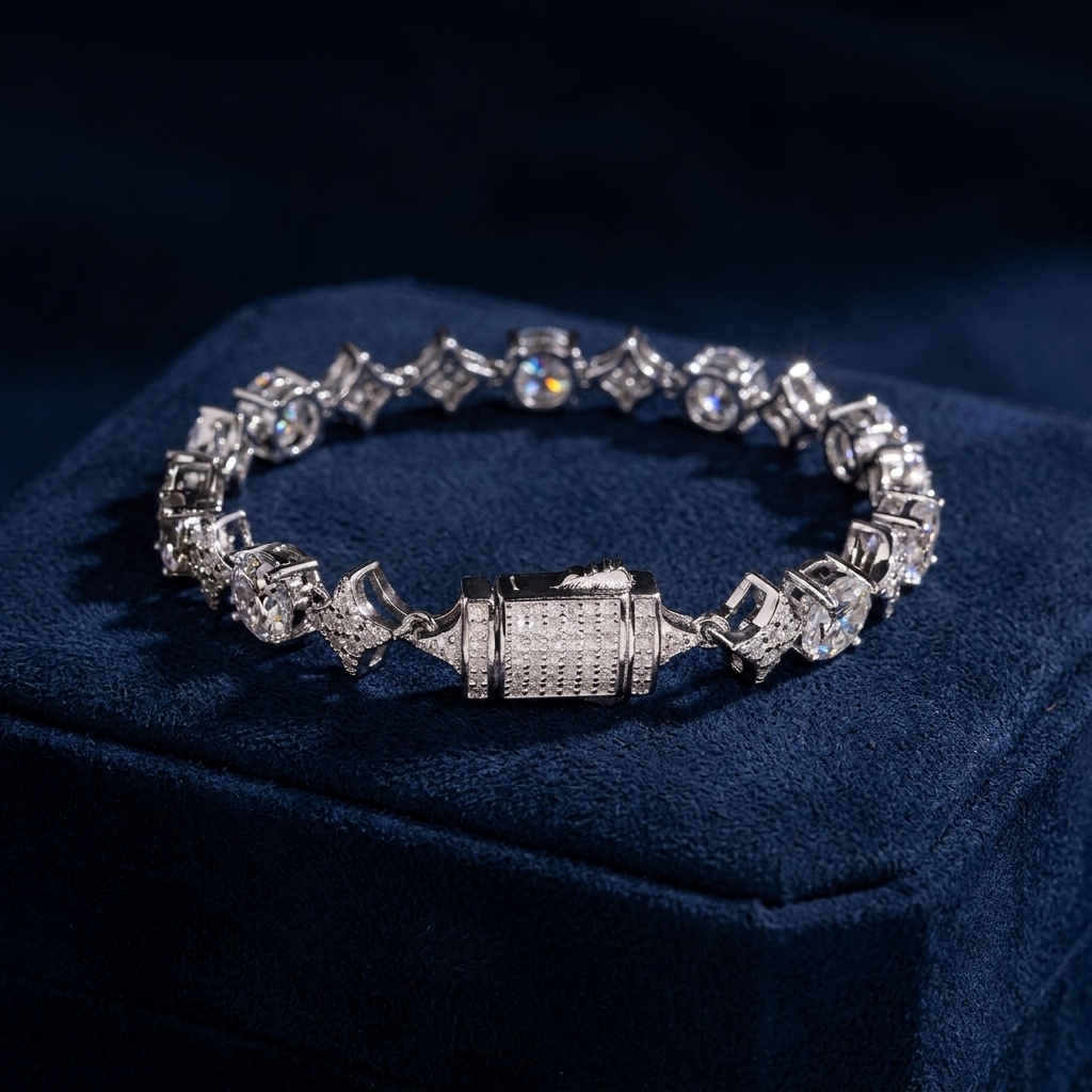 Star Link Tennis Bracelet laid in a curve showing clasp detail on dark navy suede