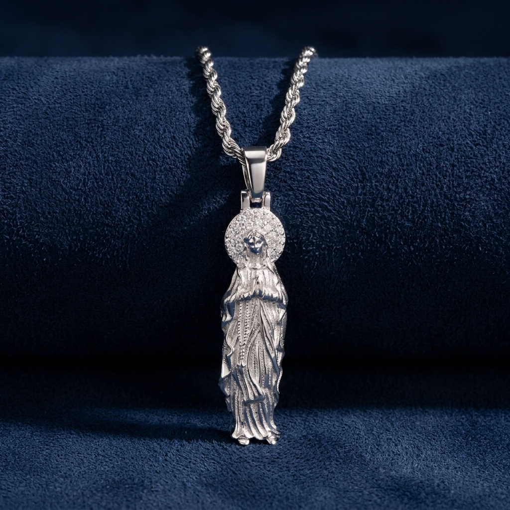 Virgin Mary Pendant Necklace in 925 silver VVS moissanite on dark navy suede