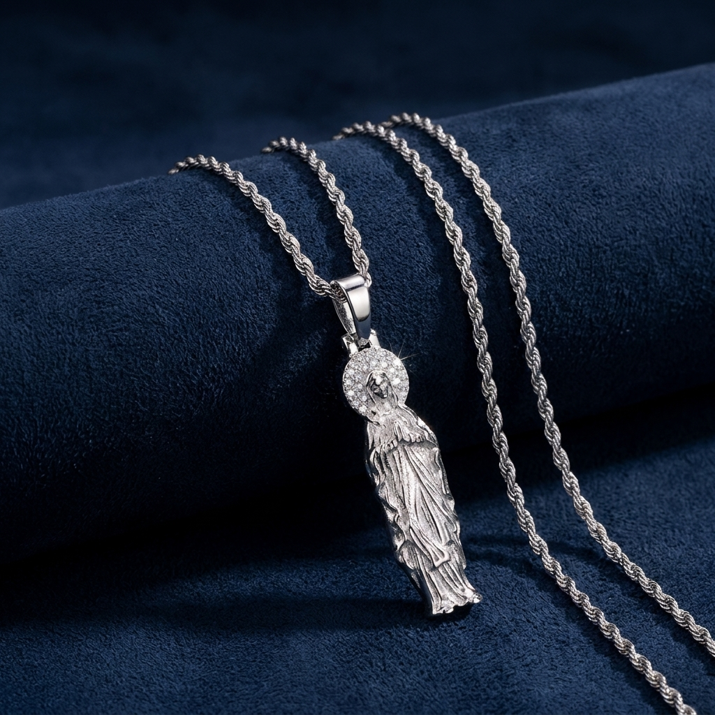 Virgin Mary Pendant Necklace showing full rope chain length on dark navy suede
