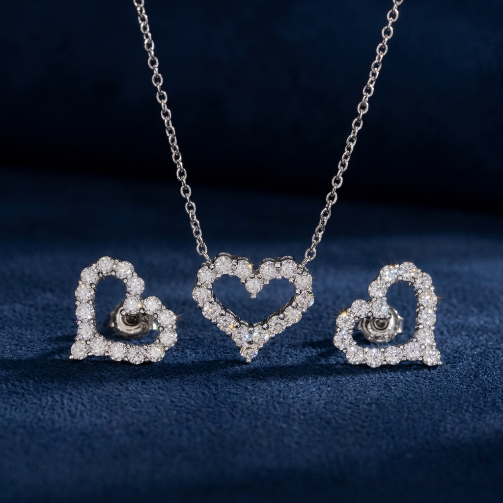 Iced Heart Necklace and Earrings Set laid out on dark navy suede