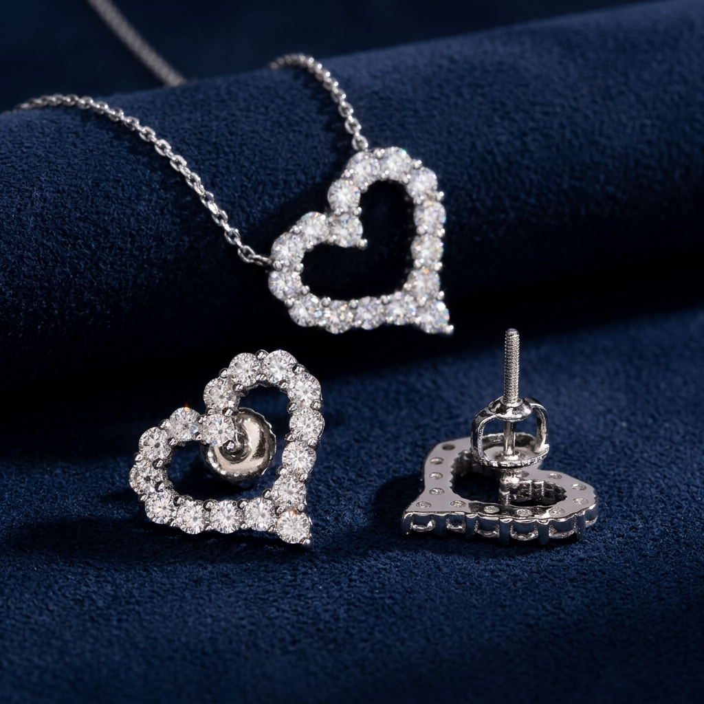 Iced Heart Set close-up showing pendant and earring detail on dark navy suede