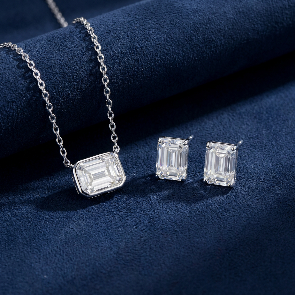 Emerald Cut Pendant and Earrings Set on dark navy suede