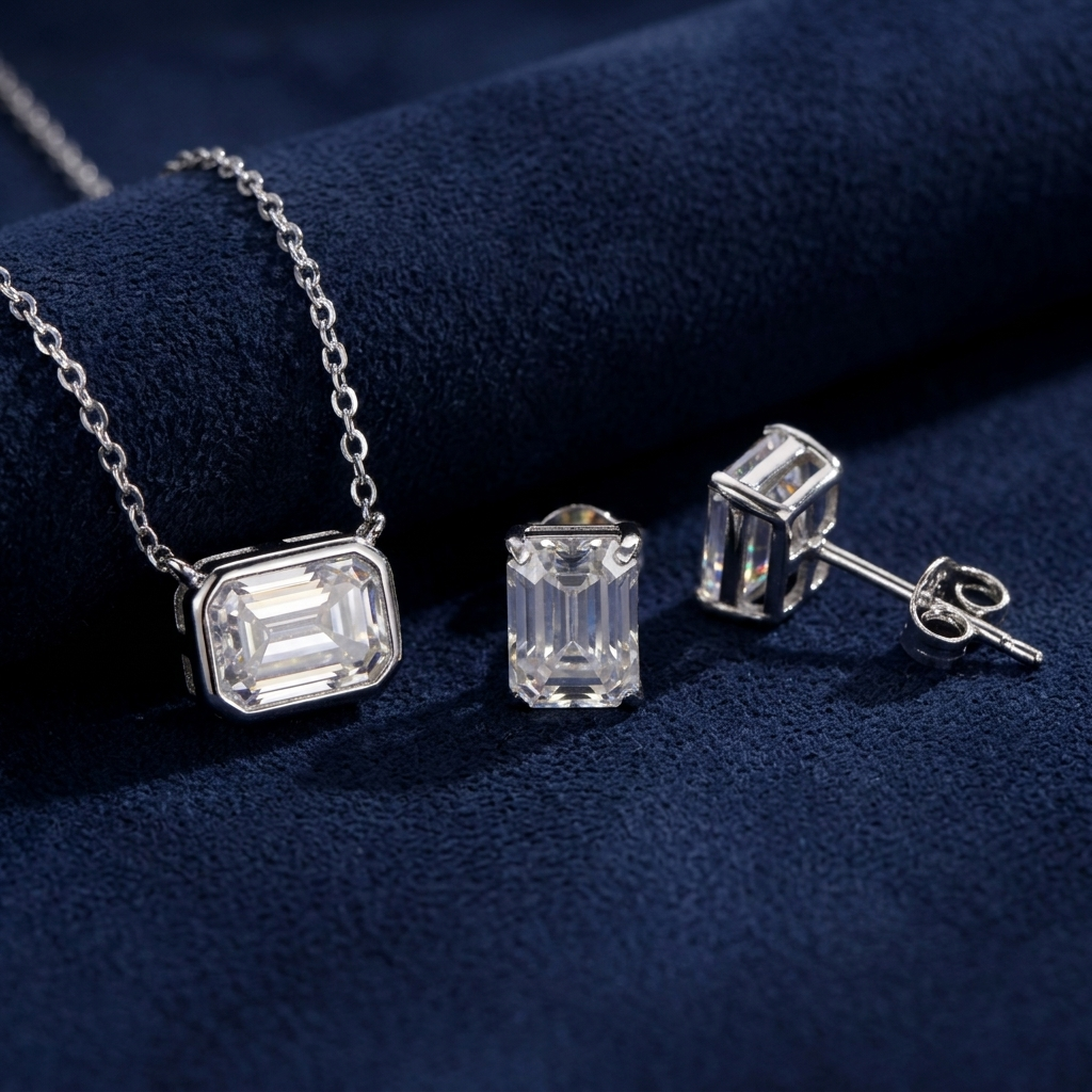 Emerald Cut Set close-up showing pendant and earring post detail on dark navy suede