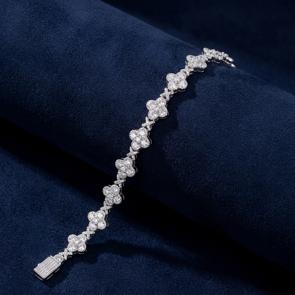 Iced cross-link bracelet draped diagonally, 925 silver VVS moissanite, on navy suede