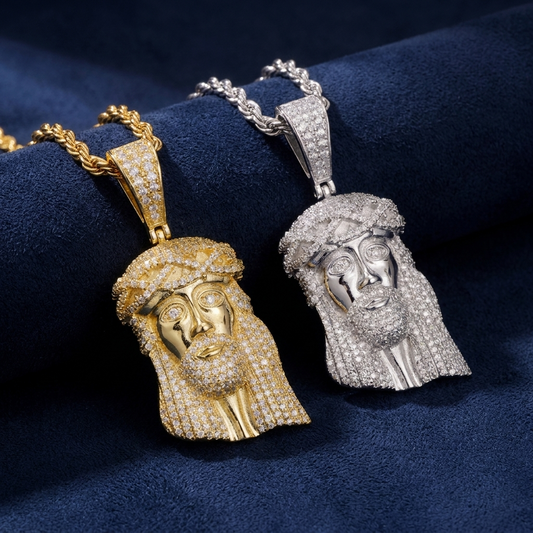 Iced Jesus piece pendant in 925 silver and gold, VVS moissanite, on navy suede