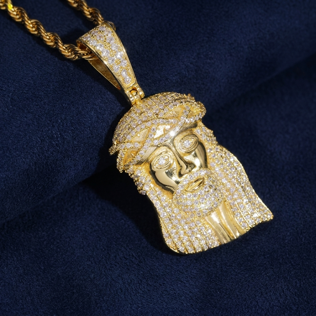 Gold Jesus piece pendant with rope chain, VVS moissanite, on navy suede
