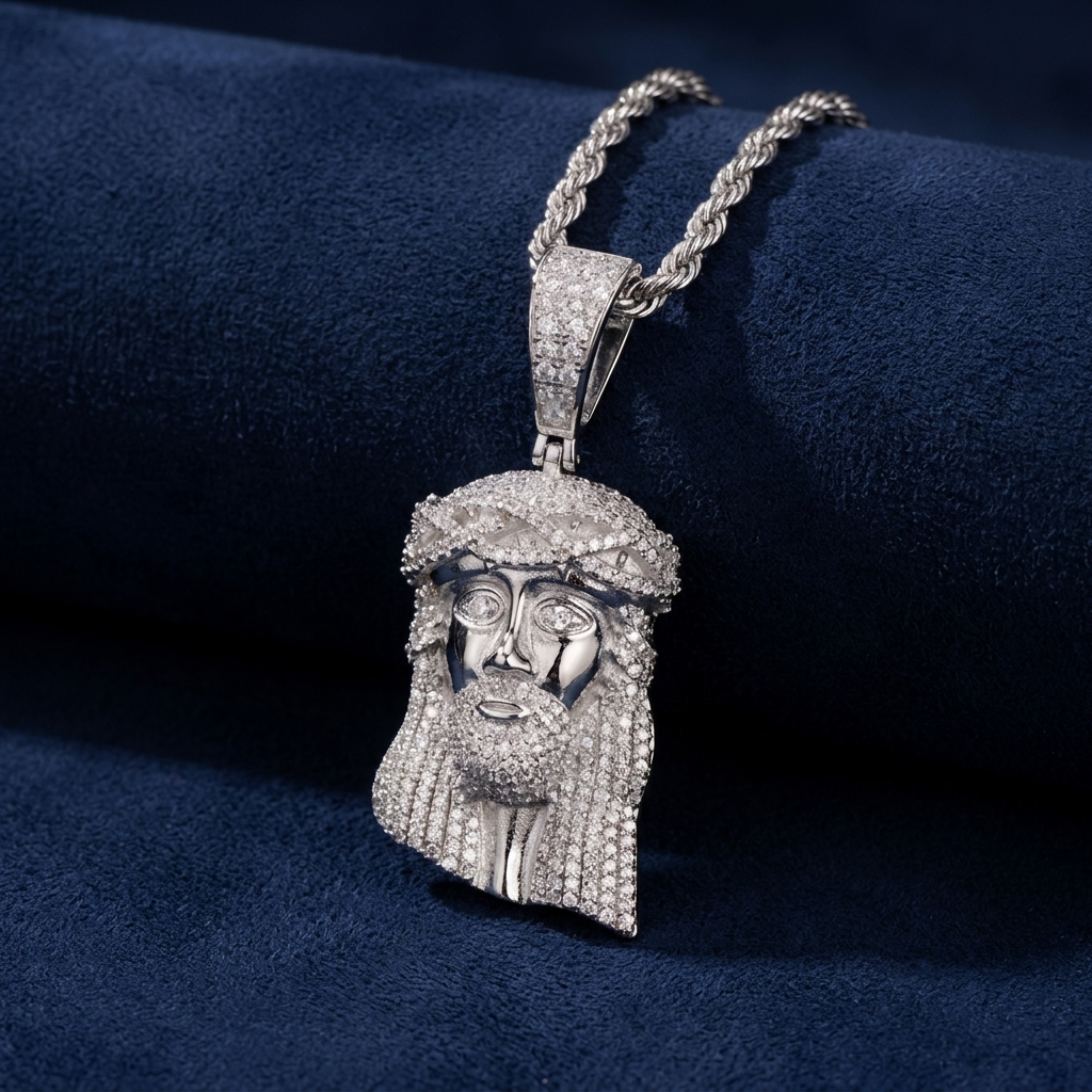 Silver Jesus piece pendant with rope chain, VVS moissanite, on navy suede