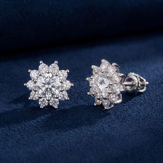 Flower cluster stud earrings three-quarter angle showing screw-back post, 925 silver, on navy suede