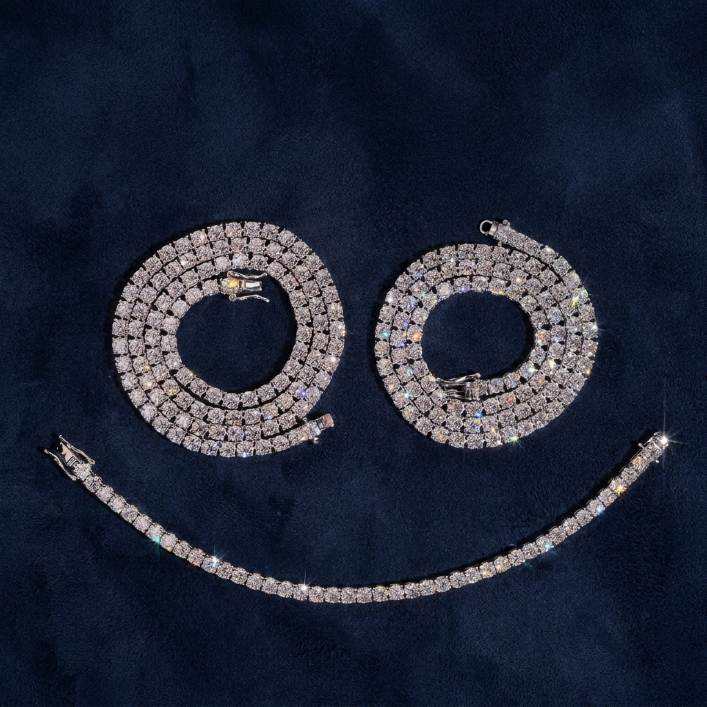 Silver tennis chains and matching bracelet coiled on navy suede, VVS moissanite