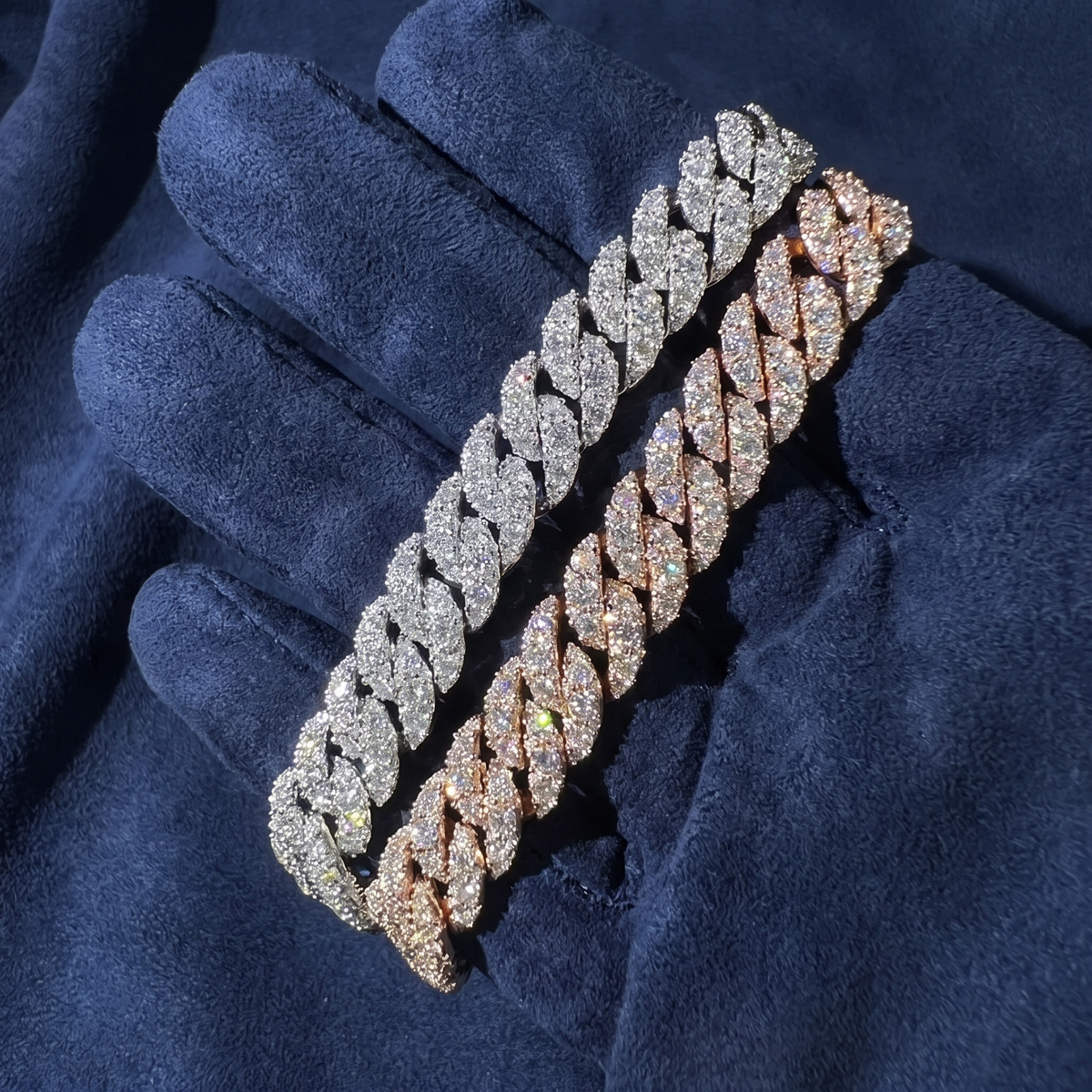 10mm Moon Rock Cuban bracelet in rose gold and white gold, 925 silver with VVS moissanite