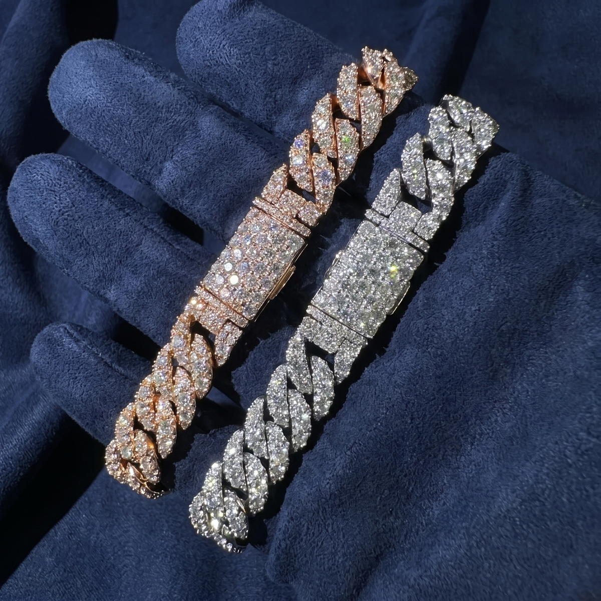 Rose gold and white gold 10mm Moon Rock Cuban bracelets with pave box clasps