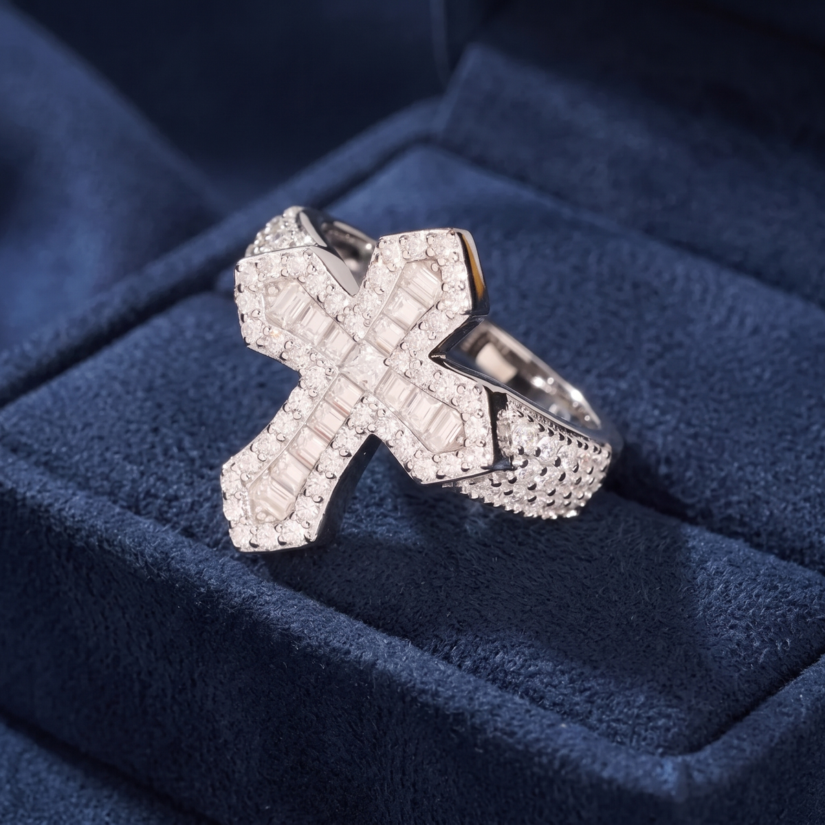Silver baguette cross ring in 925 sterling silver with VVS moissanite