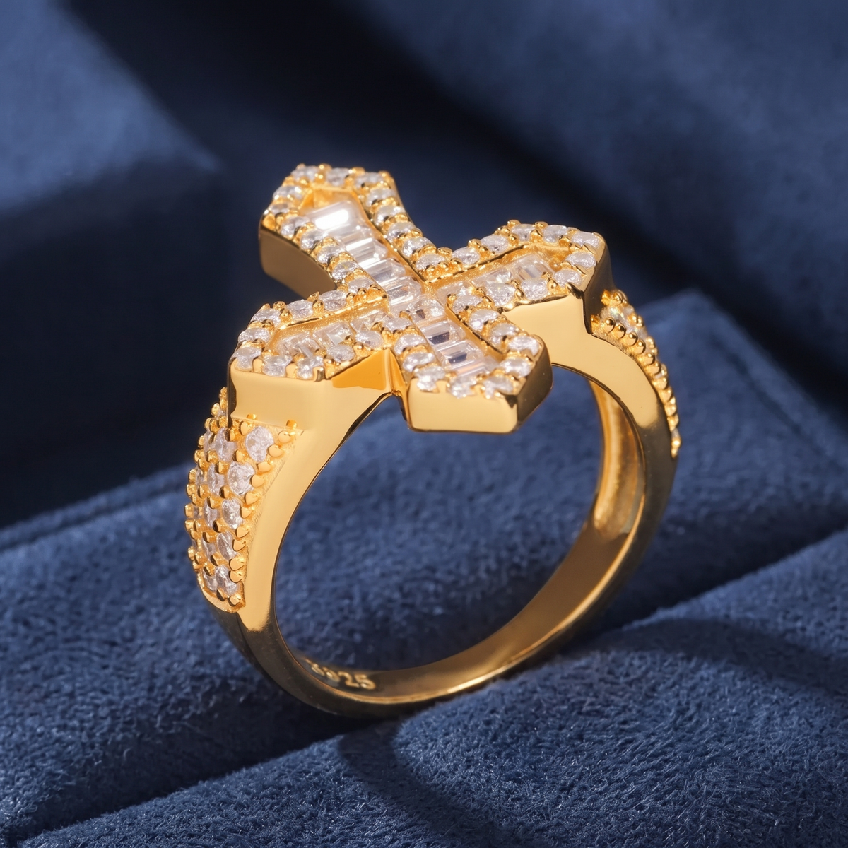 Gold baguette cross ring showing S925 hallmark stamped inside the band