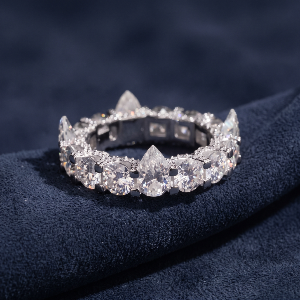 5mm pear cut eternity band in 925 silver with alternating pear and round moissanite