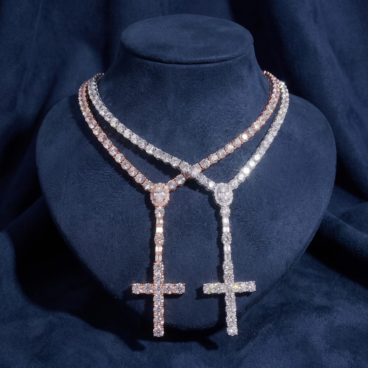 Rosary cross tennis chain in 925 silver and rose gold on navy suede