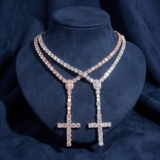 Rosary cross tennis chain in 925 silver and rose gold on navy suede