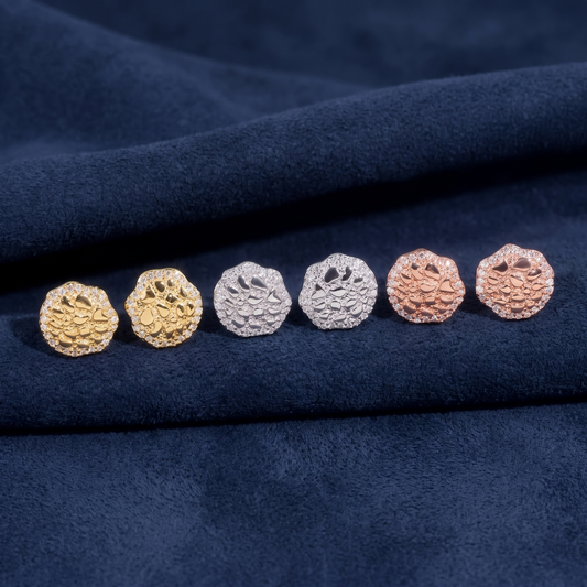 Bust-Down Nugget Studs in silver, gold and rose gold, 925 sterling silver with VVS moissanite